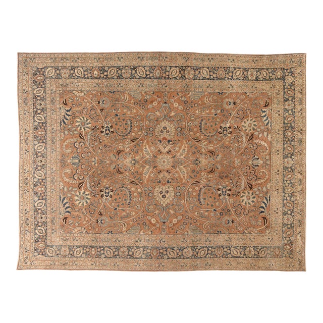 Early 20th Century Persian Tabriz Handmade Wool Rug in Rust and Midnight Blue For Sale