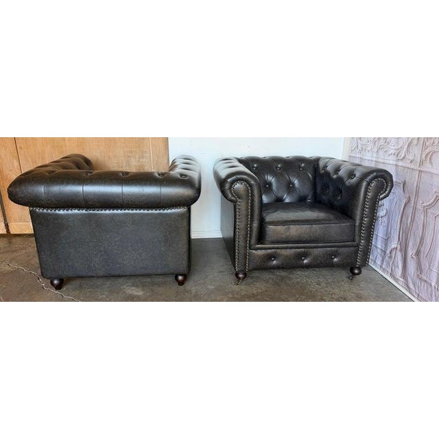 Wood Pair of English CHesterfield Club Chairs- Tufted Armchairs For Sale - Image 7 of 18