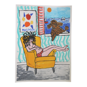 Nude and Poodle Dog Interior Seascape a La Matisse Goldenrod Blue Red Gray Surreal Impressionism Original Painting by Cleo Plowden