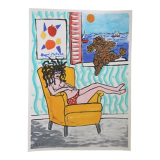 Nude and Poodle Dog Interior Seascape a La Matisse Goldenrod Blue Red Gray Surreal Impressionism Original Painting Cleo Plowden For Sale