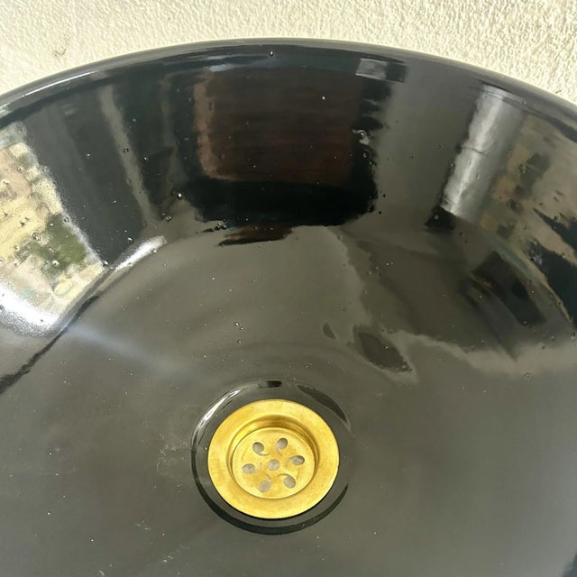 Black Round Ceramic Blacked Vanity Vessel Sink Basin, Brass Drain For Sale - Image 4 of 9
