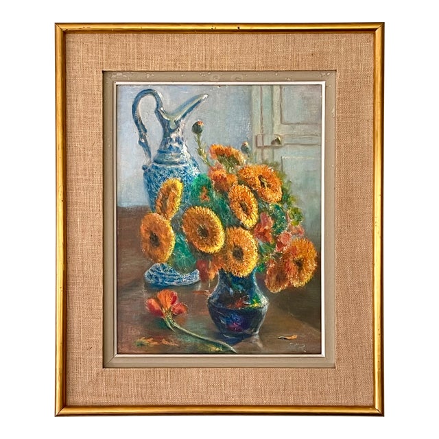 French Mid-Century Floral Still Life in Orange and Blues Oil on Board, Initialed, Dated 1957 For Sale