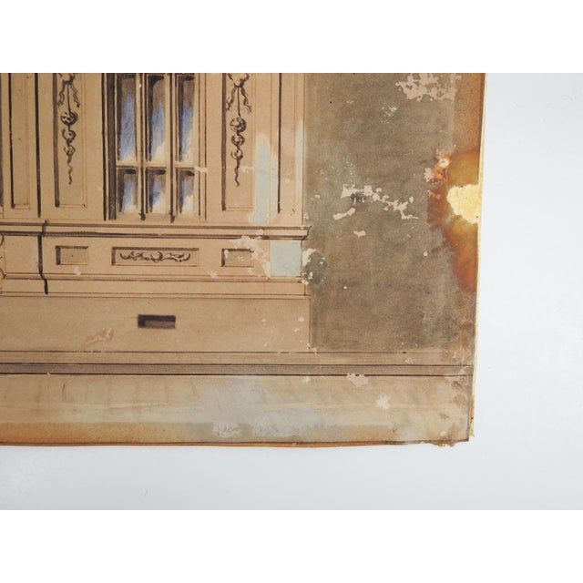 Rustic European Late 19th Century Distressed Architectural Rendering Watercolor Painting For Sale - Image 3 of 7