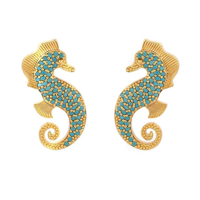 Majestic Seahorse Gold & Turquoise Statement Studs, A Pair For Sale In Miami - Image 6 of 6