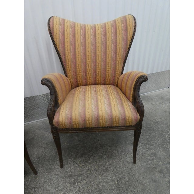 Wood 1940's Grosfeld House Style Feathered Wingback Arm Chairs For Sale - Image 7 of 10