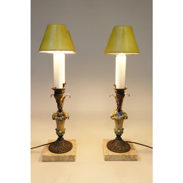 1920s Matched Pair Neoclassic French Empire Regency Tole Bronze Marble Candelabra Table Lamps For Sale - Image 10 of 12