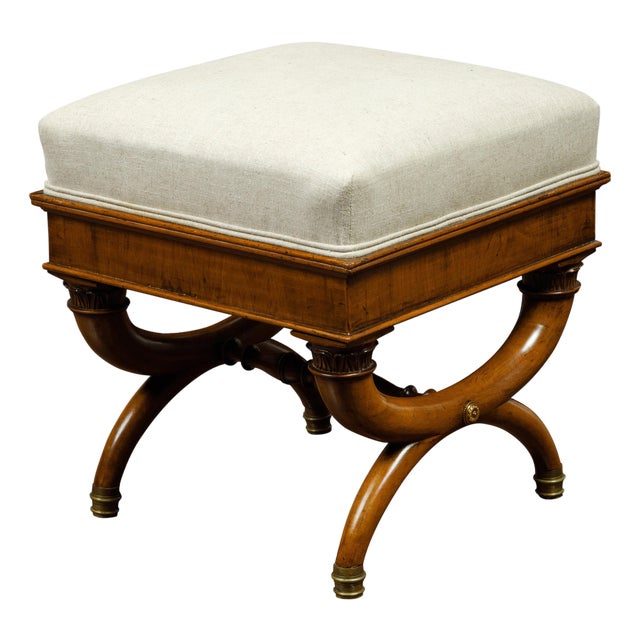 French 19th Century Walnut Curule Stool with Corinthian Capitals and Upholstery For Sale