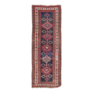 Antique Persian Kurdish Hand Knotted Rug With Repeating Medallion Design in Blue, Red For Sale