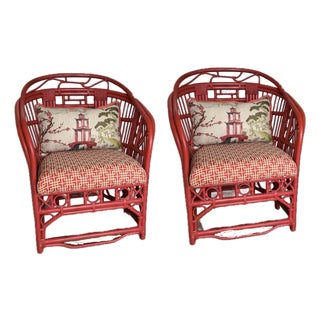 Mid 20th Century 2 Brighton Pavillion Rattan Lounge, Accent Chairs With Chippendale Fretwork. For Sale