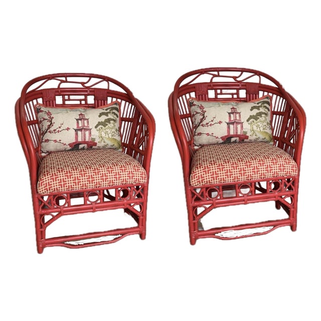 Mid 20th Century 2 Brighton Pavillion Rattan Lounge, Accent Chairs With Chippendale Fretwork. For Sale