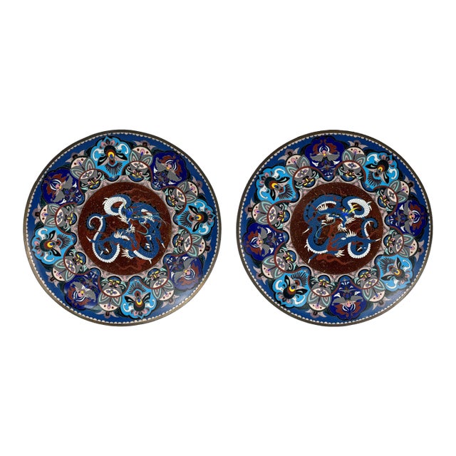19th Century Mirror Image Japanese Cloisonne Plates - A Pair For Sale