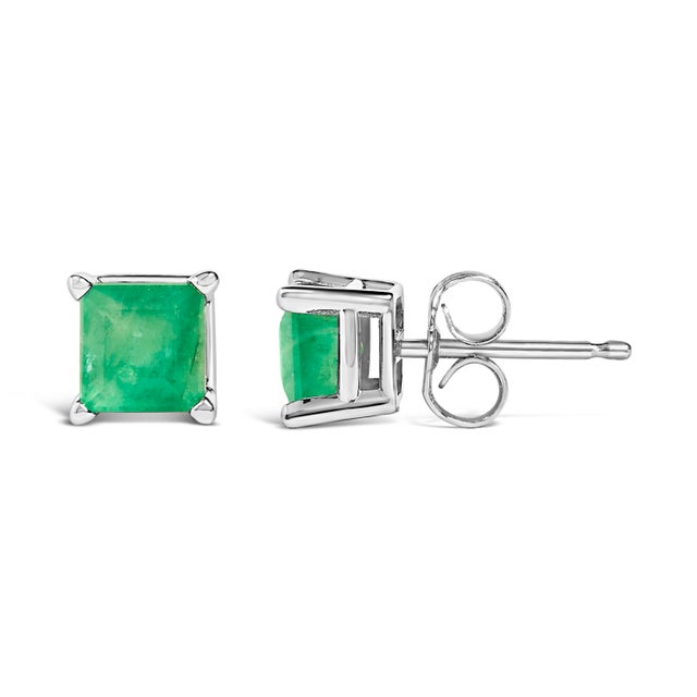 Contemporary 14K White Gold 5x5MM Princess Cut Green Emerald Solitaire Stud Earrings For Sale - Image 3 of 5