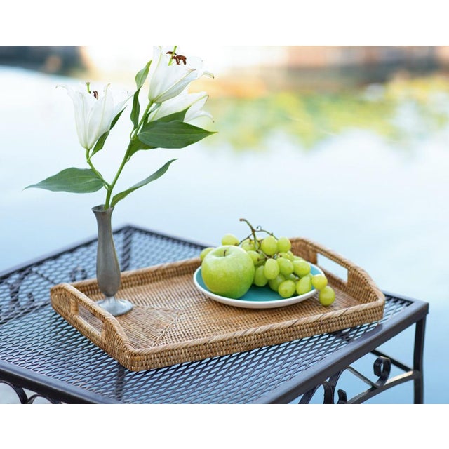 Artifacts Rattan Rectangular Serving Tray with High Handles in Honey Brown - 14" For Sale - Image 12 of 13