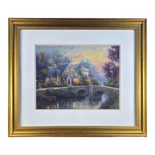 Vintage English Thomas Kinkade Certified Print, Lodge House by Bridge For Sale