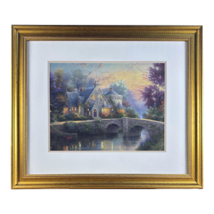 Vintage English Thomas Kinkade Certified Print, Lodge House by Bridge