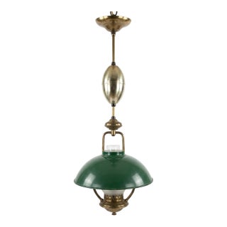 Vintage Mid-Century Modern Brass Pull-Down Pendant Light – Banker's Green For Sale