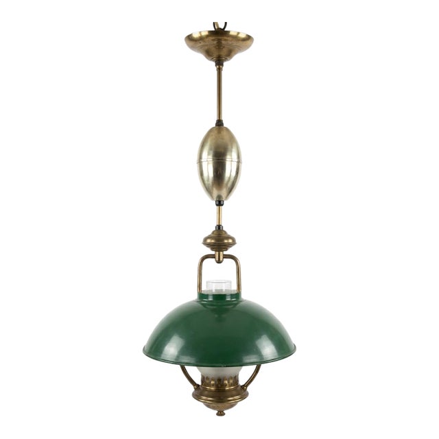 Vintage Mid-Century Modern Brass Pull-Down Pendant Light – Banker's Green For Sale
