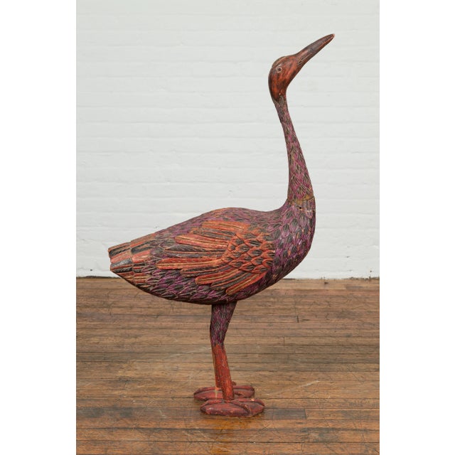 Indonesian Hand Carved Heron Sculpture with Purple, Orange and Black Tones For Sale - Image 4 of 13