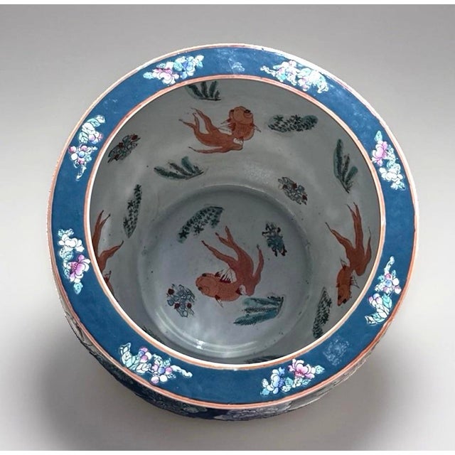 Chinoiserie Mid 20th Century Large Famille Rose Teal Fish Bowl Planter For Sale - Image 3 of 8