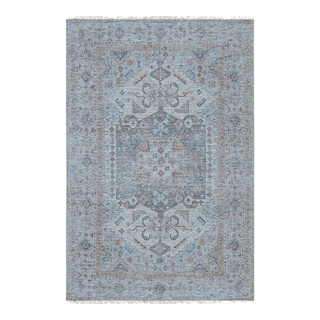 6x9 Ivory Blue Distressed Medallion Hand-Knotted Wool Rug For Sale