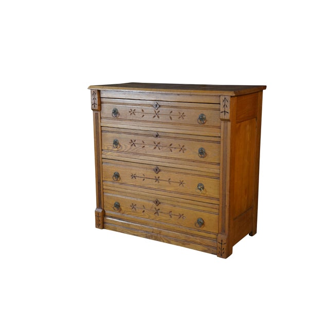 Victorian Antique Victorian Eastlake Oak & Ash Four Drawer Spoon Carved Dresser Chest 38" For Sale - Image 3 of 18