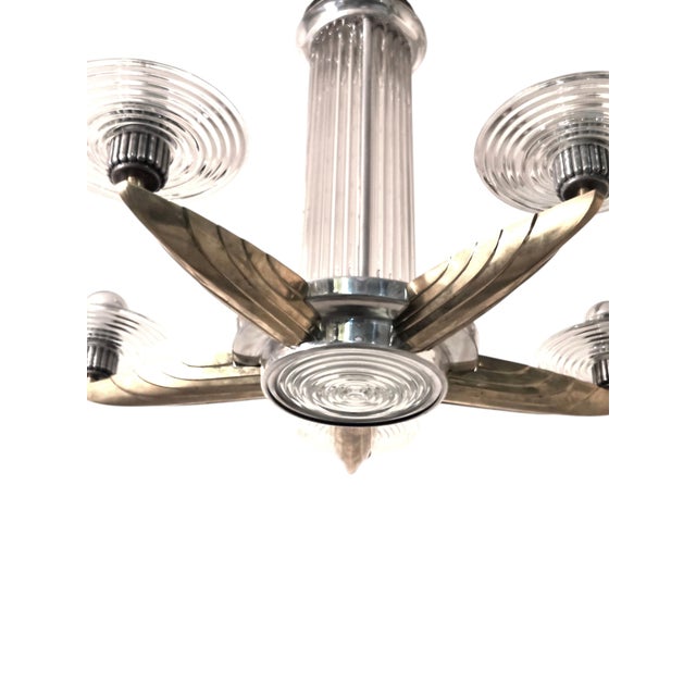Early 20th Century Petitot Signed Bronze, Nickel, Aluminum, Glass Five Arm Skyscraper Chandelier For Sale - Image 14 of 18