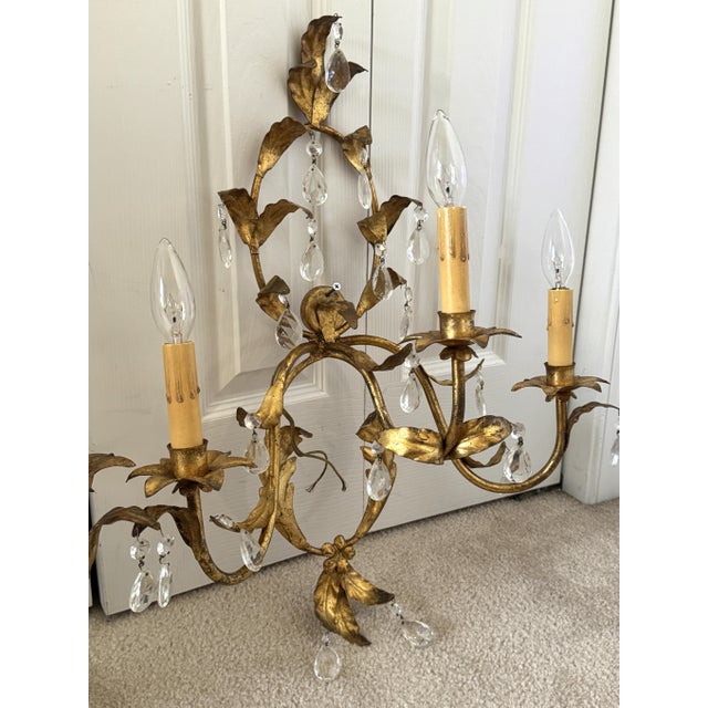Traditional Vintage Italian Florentine Gilt Tole & Crystal Regency Wall Sconces - Pair For Sale - Image 3 of 13