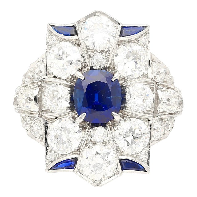 Vintage Art Deco Agl Cert. No Heat Blue Sapphire & Old Cut Diamond Platinum Ring Size 8 For Sale