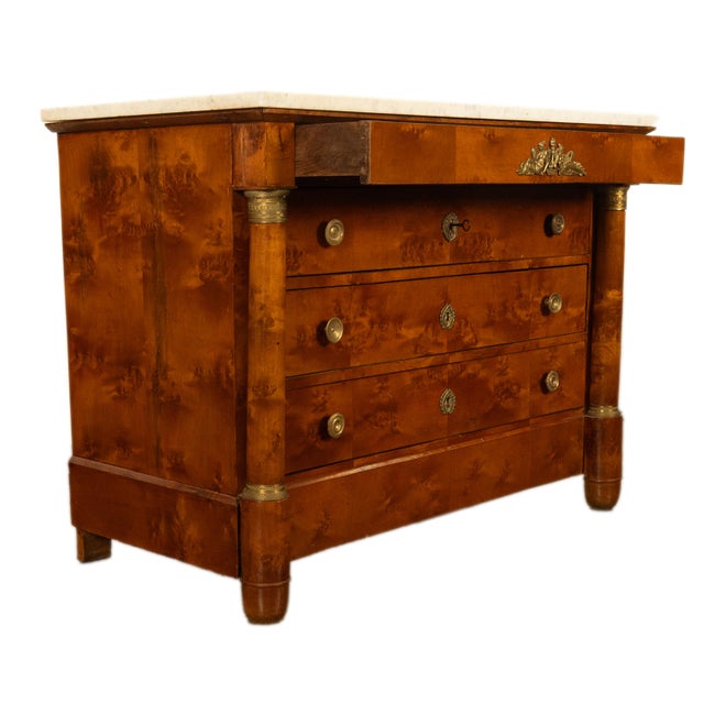 Antique 19th Century French Empire Burl Walnut Marble Ormolu Chest Drawers Commode 1810 For Sale - Image 9 of 14