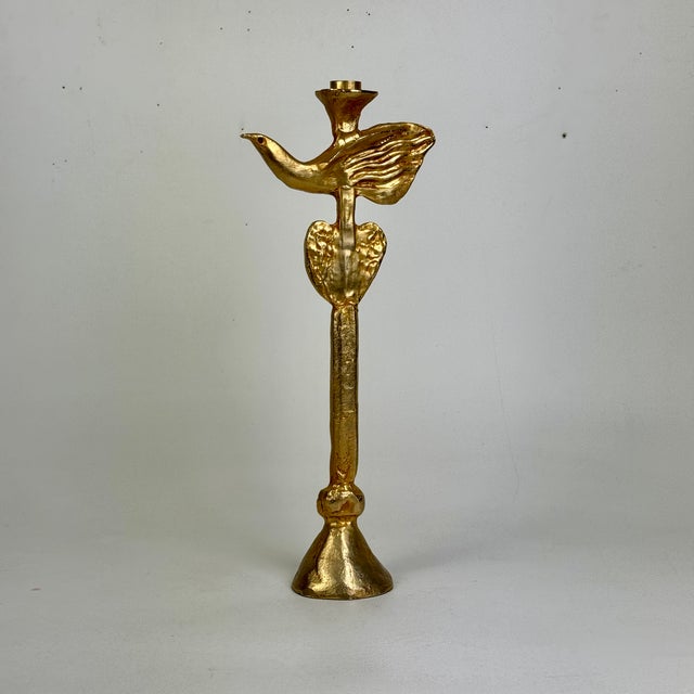 Pierre Casenove for Fondica France Tall Vintage 1990s Signed Gilt Bronze Bird & Heart Candlestick For Sale In New York - Image 6 of 8