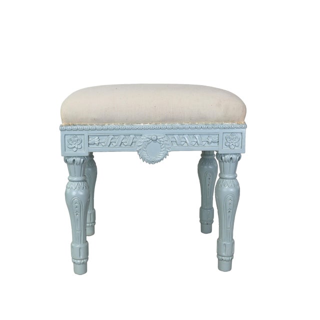 Baby Blue Vintage Neoclassical-Style, Hand-Carved, Upholstered Stool. For Sale - Image 8 of 8