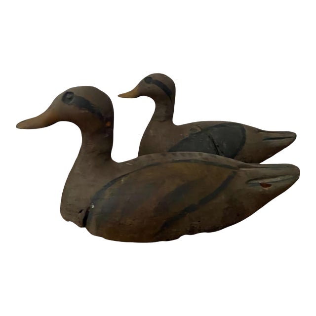 Pair of Hand-Carved Painted Wooden Duck Decoys, Traditional Hunting Lures, Early 20th Century. For Sale
