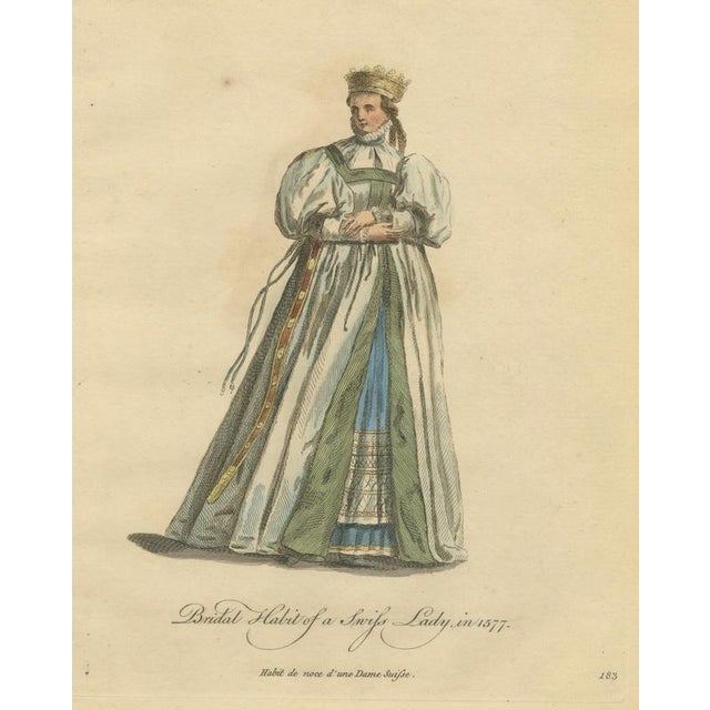 Jefferys, Bridal Habit of a Swiss Lady in 1577, Hand Colored Jefferys Costume Plate, 1757, Engraving For Sale - Image 9 of 9