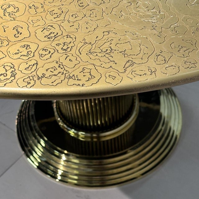 Wood Round Center of Dining Table on Brass with Relief Top, 1970s For Sale - Image 7 of 18