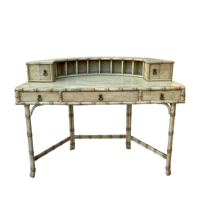 Mid-Century Faux Bamboo Desk With Vellum Top and Semicircular Shelf by Ficks Reed For Sale - Image 13 of 13