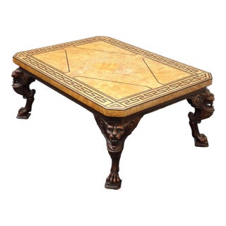 Vintage Baker Furniture Neoclassical Coffee Table Greek Key Burl Top W Lion Legs For Sale