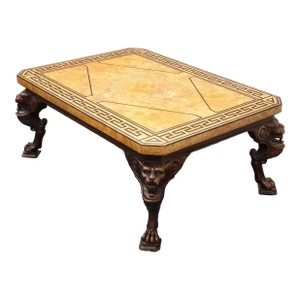 Vintage Baker Furniture Neoclassical Coffee Table Greek Key Burl Top W Lion Legs