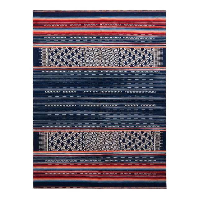 Modern Flat Weave Rug in Blue and Red Striped Kilim Rug Design For Sale