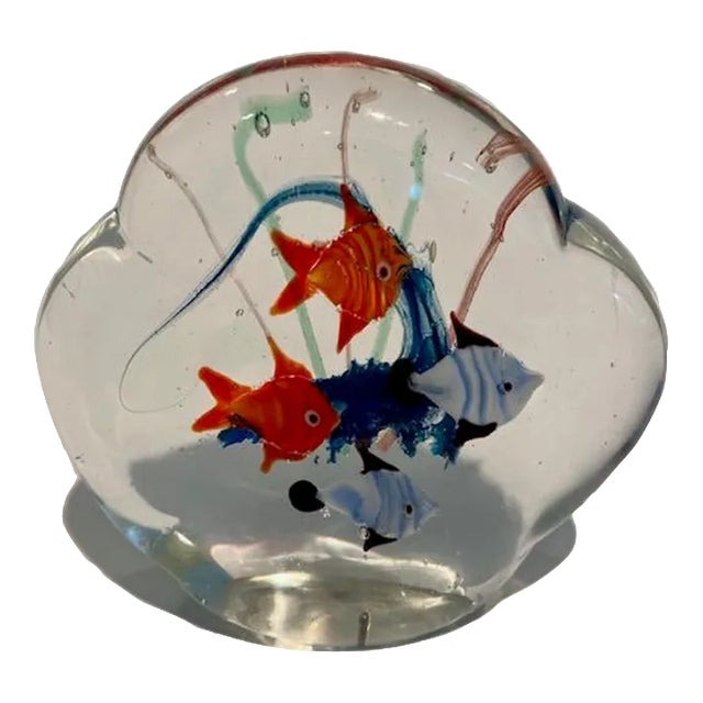 Vintage 1990s Murano Style Glass Paperweight With Fish For Sale
