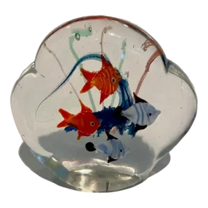 Vintage 1990s Murano Style Glass Paperweight With Fish