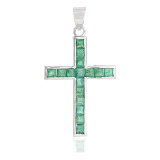 Contemporary 2.17 Ct Natural Emerald Channel Set Cross Pendant in Sterling Silver For Sale