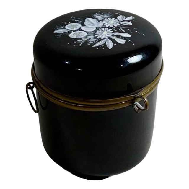 19th Century French Black Opaline Glass Box With Enamel Flowers For Sale