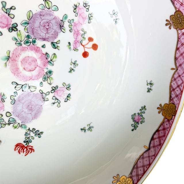 Ceramic Large Vintage Chinese Famille Rose Pink Floral Hand-Painted Porcelain Bowl For Sale - Image 7 of 11