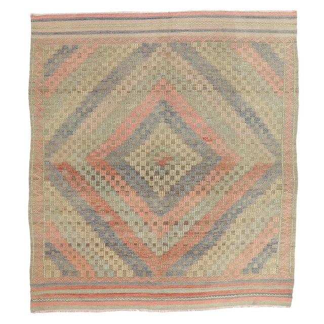 Textile Mid 20th Century Faded Vintage Embroidered Kilim Rug For Sale - Image 7 of 7