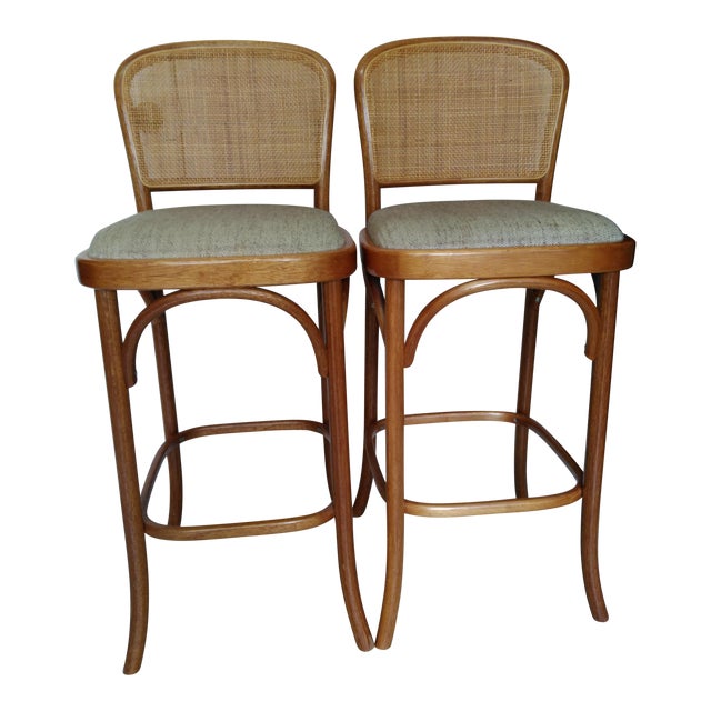 Vintage MidCentury Style Bentwood Rattan & Caning Bar Stools A Pair