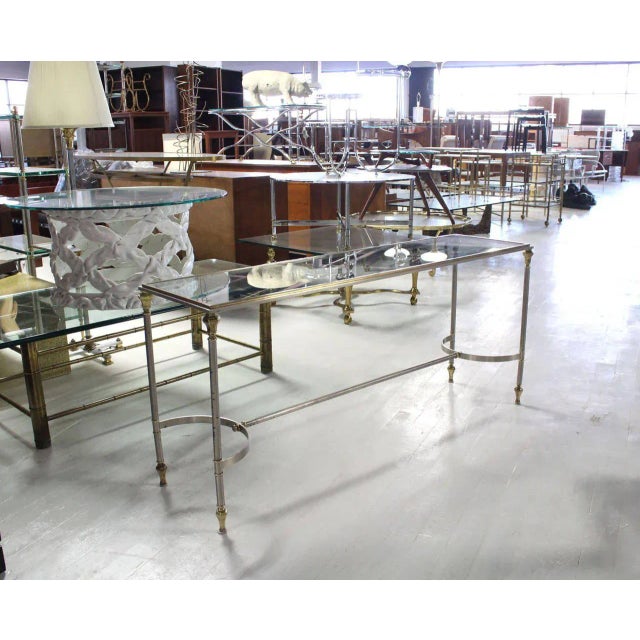 Silver Vintage Mid Century Brass, Chrome, and Glass-Top Console For Sale - Image 8 of 9