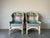 For your consideration is an exceptional pair of Vintage rattan and leather lounge chairs with colorful geometric abstract...
