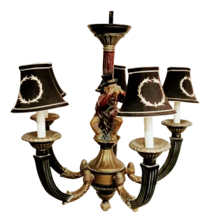 Vintage 5 Light Peeping Monkey Bill Huebee Style Regency Gold Red Black Chandelier 2 Available