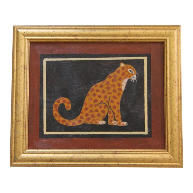 Leopard Minimalism Folk Art English Traditional Goldenrod Brown Sienna Original Oil Painting by Cleo Plowden For Sale