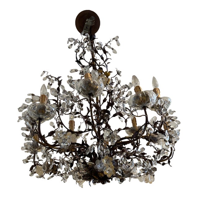 Vintage Italian Crystal and Gilt Metal Chandelier For Sale